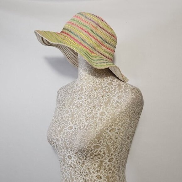 Summer Ladies Sun Beach Paper Straw Neon Stripe Hat Floppy Foldable Med Brim - Picture 2 of 12